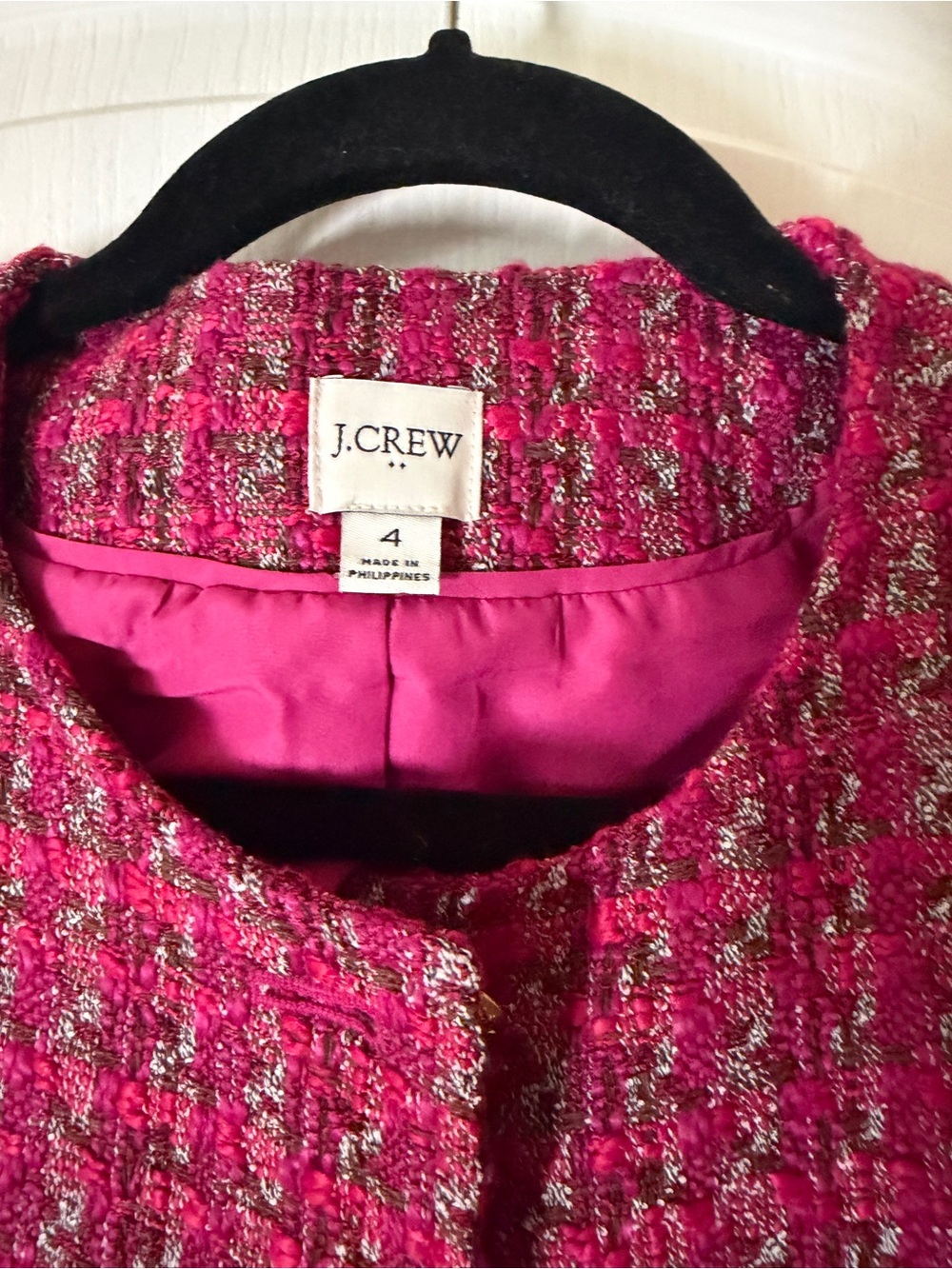 J. Crew Raspberry Tweed Collarless Blazer with Gold Buttons - Picture 2 of 5